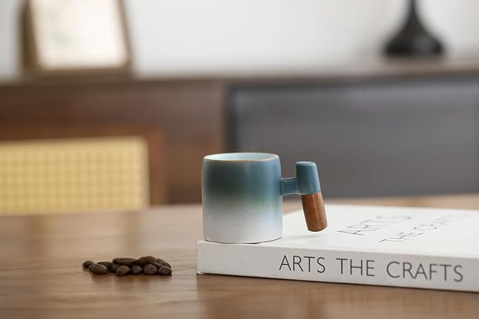 2-Oz Ceramic Espresso Cups with Wood Handle, 2/4-Piece Set for Coffee, Tea, Latte - Dishwasher Safe, Multi-Color & Wood Styles, Gift & Café Use (blue white, Wooden Handle4)