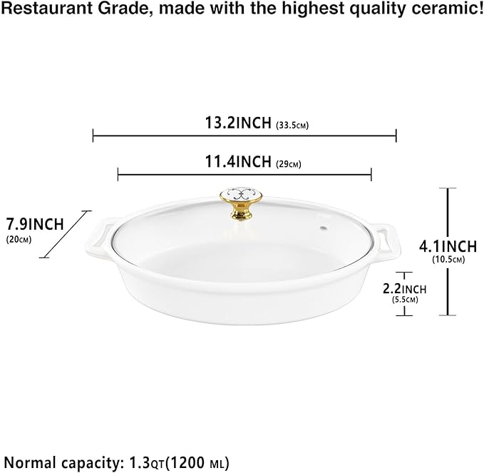 11" x 7" Ceramic Oval Casserole Dish with Glass Lid, 1.3 Quart White Serving Soup Tureen,Chafing Dish for Buffet, Family Food preserve Tray, Catering Casserole for Party Style