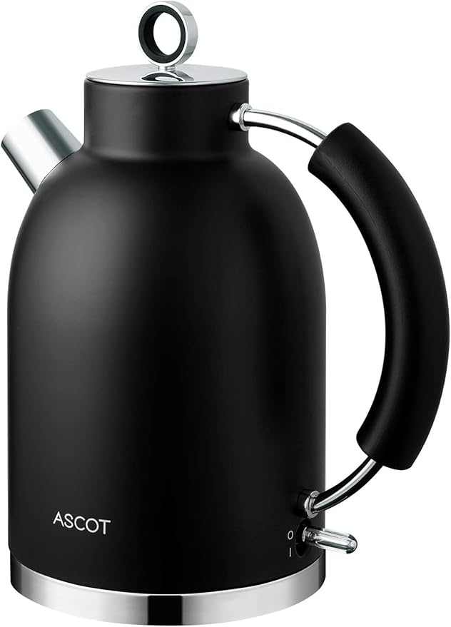 ASCOT Electric Kettle, Electric Tea Kettle Hot Water Kettle Stainless Steel Kettle 1.6L 1500W Retro Tea Heater & Boiling Water, Auto Shut-Off and Boil-Dry Protection (Black)