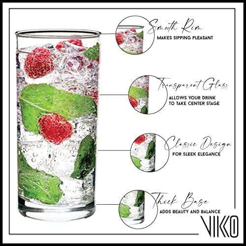 Vikko Water Glasses, Set of 4 Drinking Glasses, Thick and Durable Tumbler, 12.25 Ounce Tall Kitchen Glasses, Dishwasher Safe Highball Glass Tumbler, Heavy Duty Cups