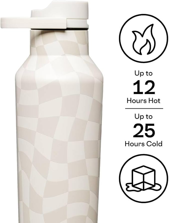 Corkcicle Classic Sport Canteen Insulated Water Bottle - Keeps Beverages Cold 25 Hours - Triple Insulated - Summer Drinkware Gift - Keeps Drinks Ice Cold - Leak-Proof Cap - 20 oz - Wavy Checkerboard