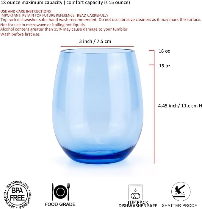 KX-WARE Unbreakable 18-ounce Acrylic Stemless Wine Glasses All Purpose Plastic Tumbler, set of 6 Blue Dishwasher Safe BPA Free Classic Style