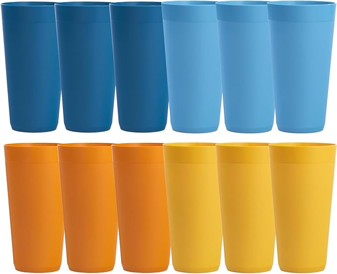 US Acrylic Newport 32 ounce Unbreakable Plastic Stackable Iced-Tea Tumblers in 4 Sunrise Colors | Set of 12 Drinking Cups | Reusable, BPA-free, Made in the USA, Top-rack Dishwasher and Microwave Safe