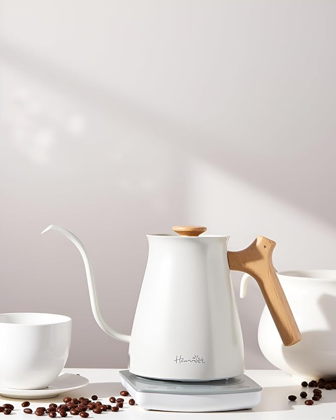 Harriet Gooseneck Electric Kettle - 1200W Fast Heat, 0.8L Stainless Steel, Precision Temp Control & Timer, Wood Handle, Pour Over Coffee and Tea, White