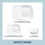 Corelle Vitrelle 18-Piece Service for 6 Square Dinnerware Set Triple Layer Glass and Chip Resistant, Lightweight Square Plates and Bowls Set, Pure White