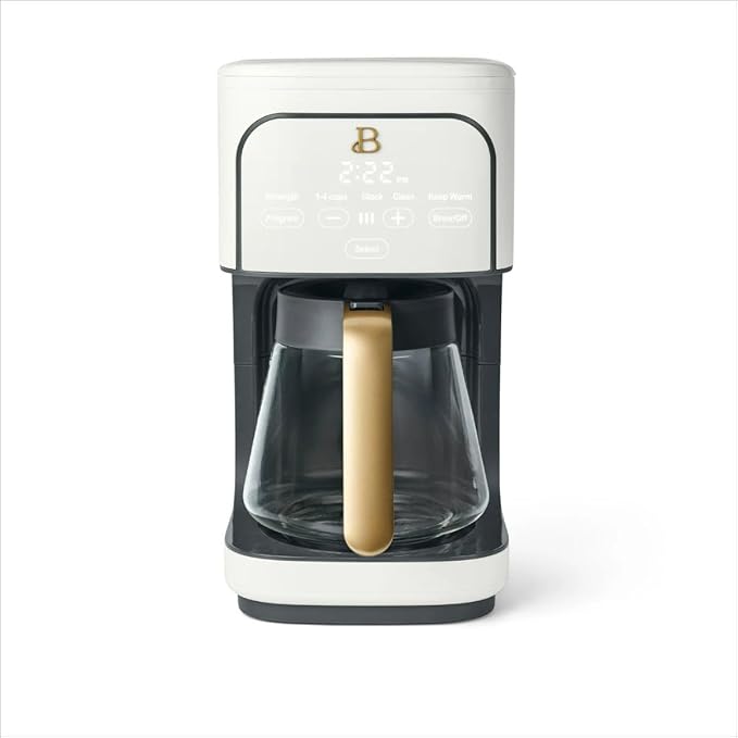 Beautiful 12-Cup Programmable Coffee Maker by Drew Barrymore, Touch-Activated Display, Auto Brew 24hr Timer, Regular/Gourmet/Bold Strength Options, Auto Clean & Keep Warm – Matte Finish (White Icing)