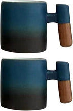 2oz Ceramic Espresso Cups set of 2, Espresso Cups with Wooden Handle, Demitasse Cups for Coffee or Tea (blue black, Wooden Handle2)