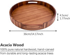 Large Round Wood Serving Tray, Wooden Trays with Handles for Ottoman Table, Vintage Acacia Tray Circle Wood Tray for Indoor Outdoor Organization and Decoration, Including 4 Round Wooden Coasters