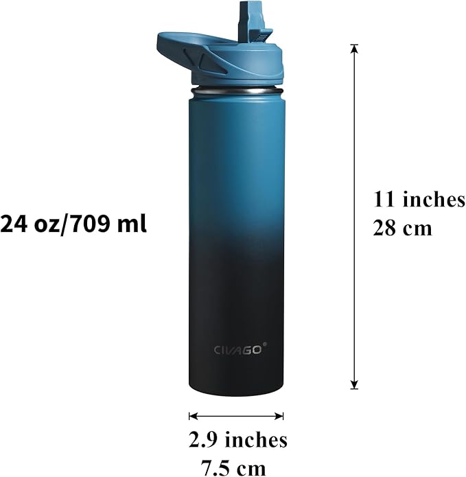 CIVAGO 24 oz Insulated Water Bottle With Straw, Stainless Steel Sports Water Flask Cup with 3 Lids (Straw, Spout and Handle Lid), Double Walled Travel Thermal Canteen Mug, Dark Rainbow