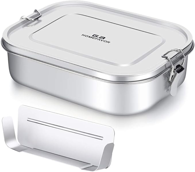 G.a HOMEFAVOR Stainless Steel Bento Lunch Box - Leak-Proof Metal Bento Box, Large Food Container with Lock Clips, Snack Container, Dishwasher Safe, 2 Compartments, 1400 ml/47 oz