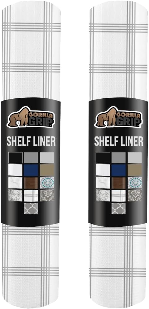 GORILLA GRIP Slip Resistant Drawer and Shelf Liner 2 Pack, Non Adhesive Water Resistant, Easy Trim, Smooth Surface Liners for Kitchen Cabinet, Shelves, Drawers Pantry, 20 IN x 20 FT, Stripe Gray White