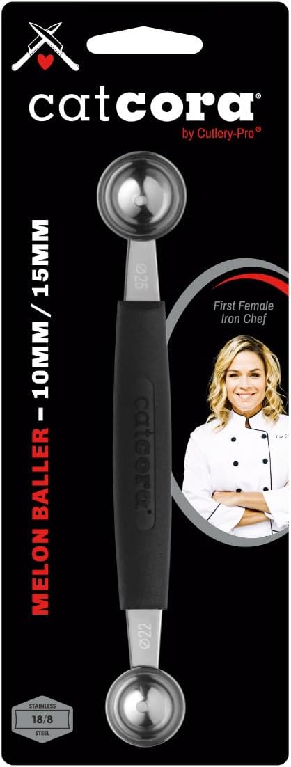 CatCora Melon Baller, Professional 18/8 Stainless Steel Dual Blades 10/15-Millimeter for Melon Balls and Garnishes, Ergonomic Soft-Grip Handle