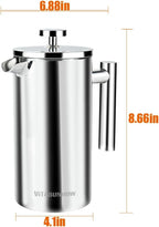 Insulated French Press Coffee Maker Stainless Steel Double-Wall Metal 3 Level Filtration System, Rust-Free Dishwasher Safe
