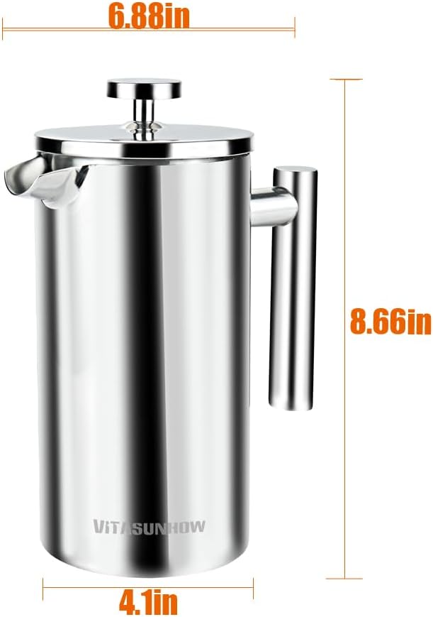 Insulated French Press Coffee Maker Stainless Steel Double-Wall Metal 3 Level Filtration System, Rust-Free Dishwasher Safe