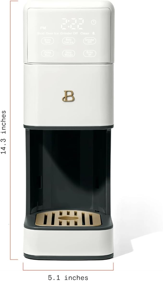 Beautiful Perfect Grind Programmable Single Serve Coffee Maker with Touch-activated Display, Programmable and Integrated Burr Grinder, 64oz Water Reservoir (WHITE ICING)