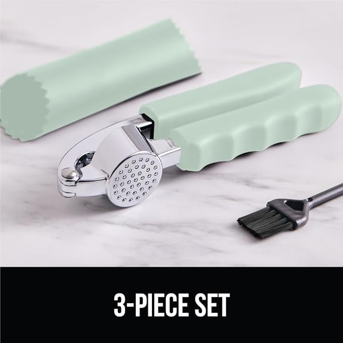 GORILLA GRIP Garlic Press and Peel Set, Heavy Duty Mincer Tool, Easily Mince and Crush Garlics, Ginger, Nuts, Seeds, Large Ergonomic Handle, Peeler Included, Peeling Cloves, Kitchen Gadgets, Mint