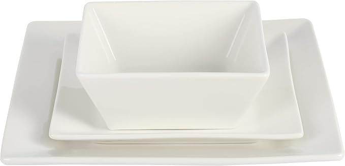 Gibson Home Zen Buffet Hard Square Porcelain Chip and Scratch Resistant Dinnerware Set, White, Service for 8 (24pcs)