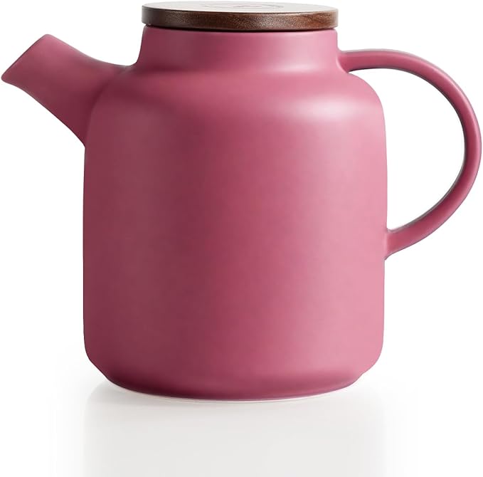 Yundu 1500ml / 50 oz Ceramic Teapot with Infuser & Wood Lid - Matte Purple, Loose Leaf Tea Pot with Removable Strainer, Large Capacity
