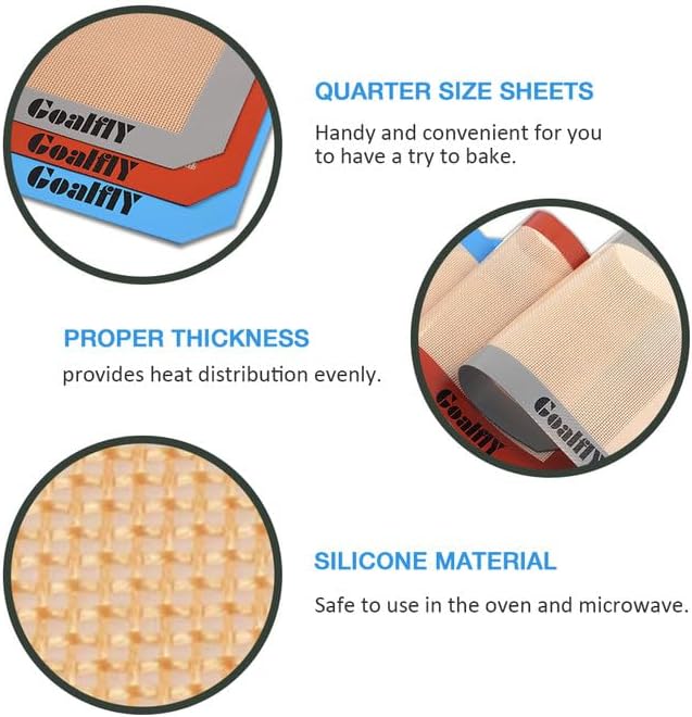 Small Silicone Baking Mat Sheet (11.8 x 8.5 IN), 3 Pieces Baking Mat Set, Reusable Silicone Mat for Oven, Toaster, Baking Tray, Baking Pan (Red, Blue, Grey)