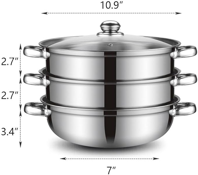 Steamer Pot for Cooking 11 inch Stainless Steel, 3-tier Multipurpose 18/8 Stainless Steel Steam Pot Cookware with Lid for Vegetable, Dumpling, Stock, Sauce, Food