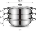 Steamer Pot for Cooking 11 inch Stainless Steel, 3-tier Multipurpose 18/8 Stainless Steel Steam Pot Cookware with Lid for Vegetable, Dumpling, Stock, Sauce, Food