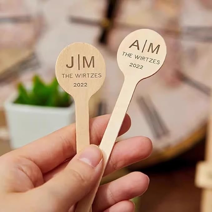 Generic 100-500 PCS Personalized Wooden Drink Stirrers, Custom Disposable Coffee Stir Sticks with Round Ends, Favor Decor for Wedding/Party/Business/Gift, Coffee Stirrer or Cupcake Picks