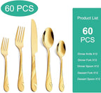 Gold Silverware Set for 12, 60-Piece Stainless Steel Flatware Set, Shiny Gold Metal Cutlery Set, Include Spoon, Fork and Knife Set, Dishwasher Safe