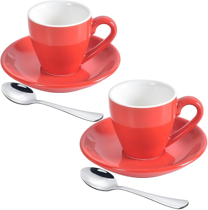 Porcelain Espresso Cup with Saucer And Stainless Steel mini Spoons, Espresso shot Cup, 80ml/2.7Oz, Pack of 2, Red