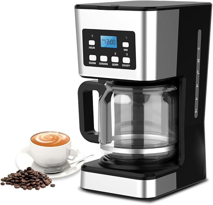 12-Cup Programmable Coffee Maker, Regular & Strong Brew Drip Coffee Machine for Home and Office, Glass Carafe, Pause & Serve, Auto Shut Off, Gray & Stainless Steel (Black)