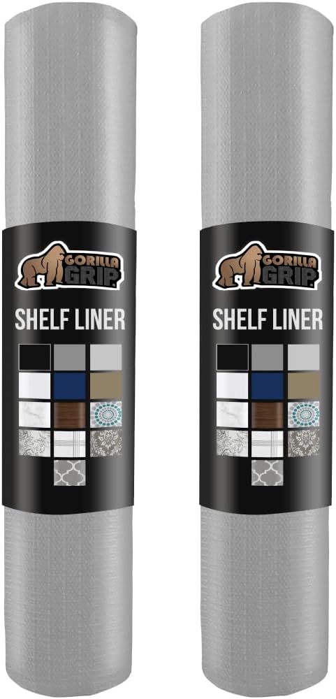 GORILLA GRIP Slip Resistant Drawer and Shelf Liner 2 Pack, Non Adhesive Water Resistant, Easy Clean and Trim, Smooth Surface Liners for Kitchen Cabinet Shelves Drawers Pantry 12 IN x 20 FT, Light Gray