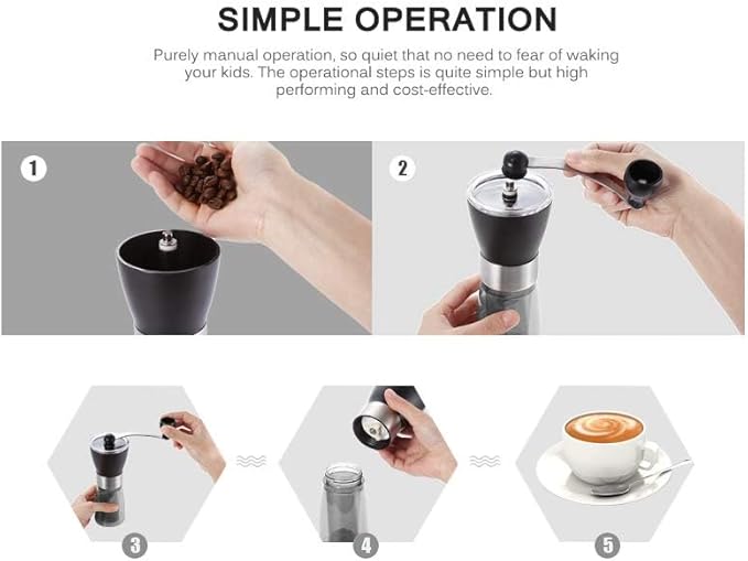 T-mark Manual Coffee Grinder, Portable Adjustable Coffee Grinder Ceramic Burr Grinder for Travel Home