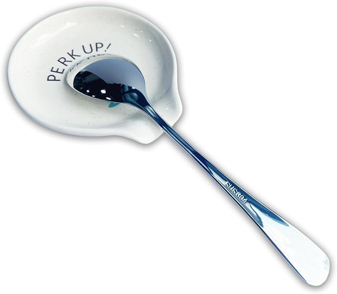 Coffee Spoon Rest with spoon, Mini Coffee Spoon Holder for Coffee Stirrers, Teaspoon, Coffee Bar Accessories, (Yellow Coffee Spoon Rest with Pattern & Silver Ellipse Spoon)