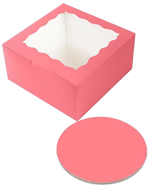 qiqee 8x8x5 Cake Box, 18 Sets Coral Orange Cake Box with Window ＆ 18 Sets 8" Coral Orange Cake Round Boards, 8inch Cake Containers