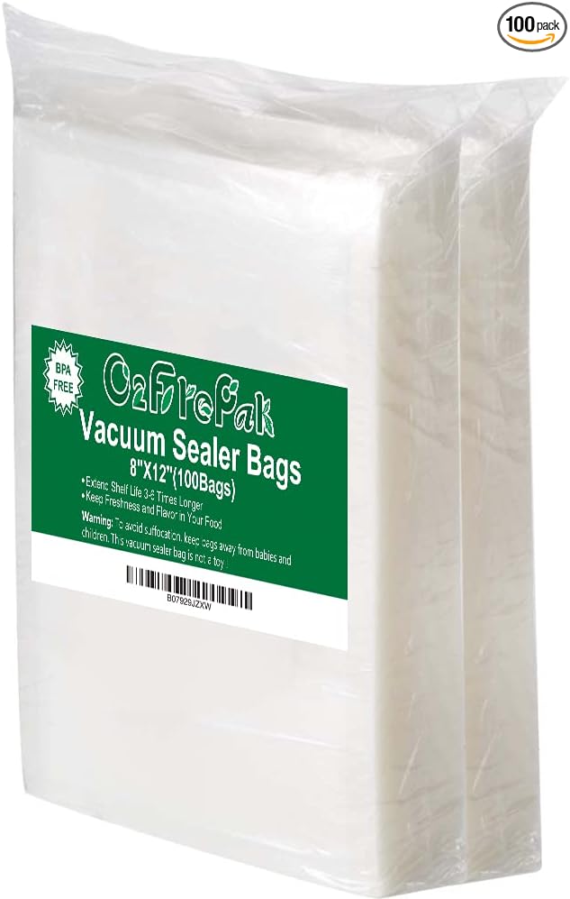 O2frepak 100 Quart Size 8" x 12"Vacuum Sealer Bags with BPA Free and Puncture Prevention,Vacuum Seal Freezer Bags,Great for Sous Vide Vaccume Sealer PreCut Bags
