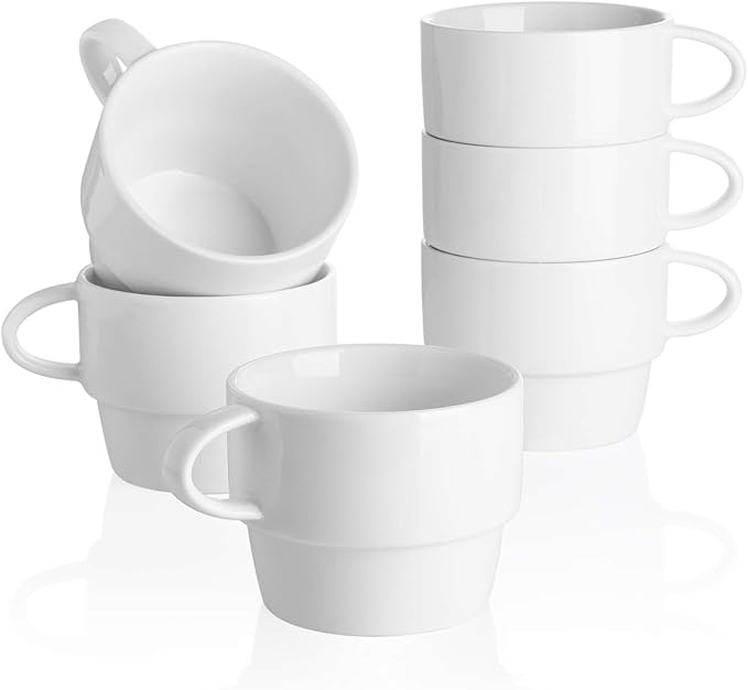Sweese 6-Pack Porcelain Latte Cups, White Superior Durable Professional, 6 Count (Pack of 1)
