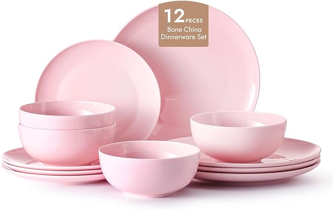 KINGSTONE Bone China Dinnerware Sets, 12-Piece Dinnerware Sets for 4, Lightweight Durable, Dishwasher Safe, Tableware for Daily Use with Elegant Design, Pink