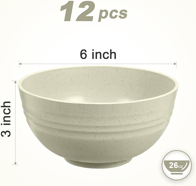 12 Pcs Unbreakable Cereal Bowls Set, 26 Oz Wheat Straw Bowls Set, Microwave & Dishwasher Safe Bowls for Kitchen, Reusable Plastic Bowls for Soup, Salad and Snack, BPA Free, Beige