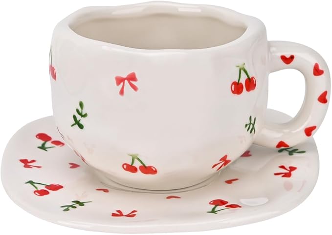 Koythin Ceramic Coffee Mug with Saucer Set, Cute Creative Cherry Bow Cup Unique Irregular Design for Office and Home, 10 oz/300 ml for Latte Tea Milk