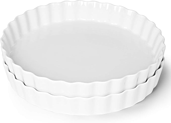 ONTUBE Pie Pans 11 Inches Ceramic Quiche Pans, Round Pie Tins for Baking,Oven Safe, Set of 2 (White)