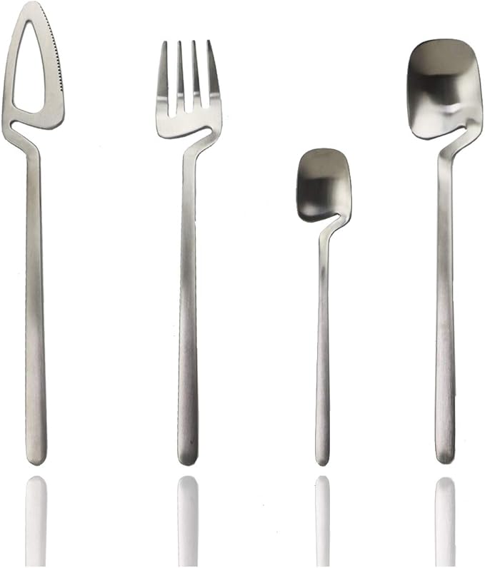 JASHII Hangable Silverware Set, Matte Silver Flatware Cutlery Set Service for 2, Satin Finish 8 Piece Stainless Steel Utensils Set for Home and Restaurant, Dishwasher Safe(Silver)