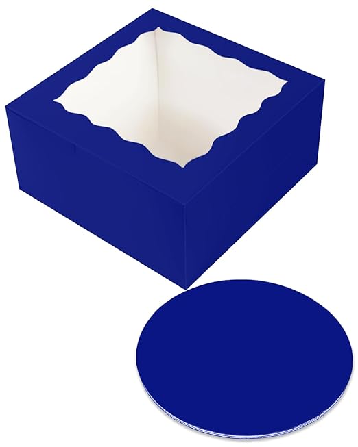 qiqee 8x8x5 Cake Box, 18 Sets Gemstone Blue Cake Box with Window ＆ 18 Sets 8" Gemstone Blue Cake Round Boards, 8inch Cake Containers