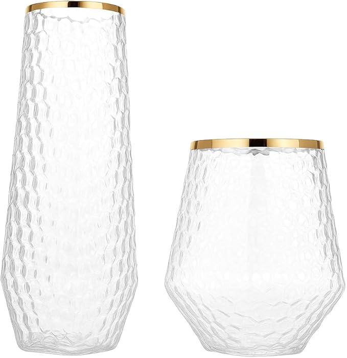 48 Pack Ribbed Origami Ripple Plastic Glasses 24 9oz Stemless Champagne Flutes & 24 12oz Cups BPA-Free, Disposable, Shatterproof Drinkware for Weddings, Bars, Events (Hammered Diamond Gold Rim)