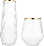 48 Pack Ribbed Origami Ripple Plastic Glasses 24 9oz Stemless Champagne Flutes & 24 12oz Cups BPA-Free, Disposable, Shatterproof Drinkware for Weddings, Bars, Events (Hammered Diamond Gold Rim)