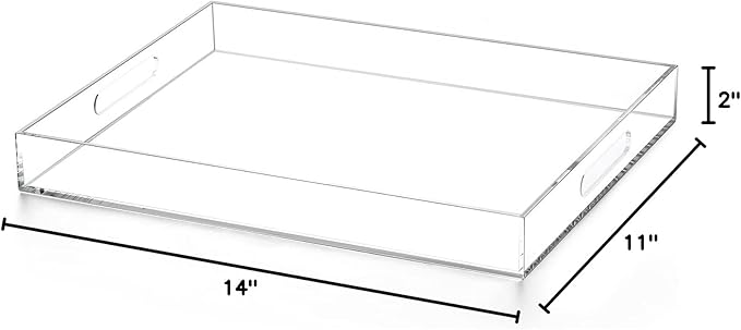 Modern Acrylic Ottoman Tray with Cutout Handles, Acrylic Serving, Organizer Decorative for Living Room, Bedroom,Bathroom and Kitchen Tabletop (Clear, 11x14 Inch)