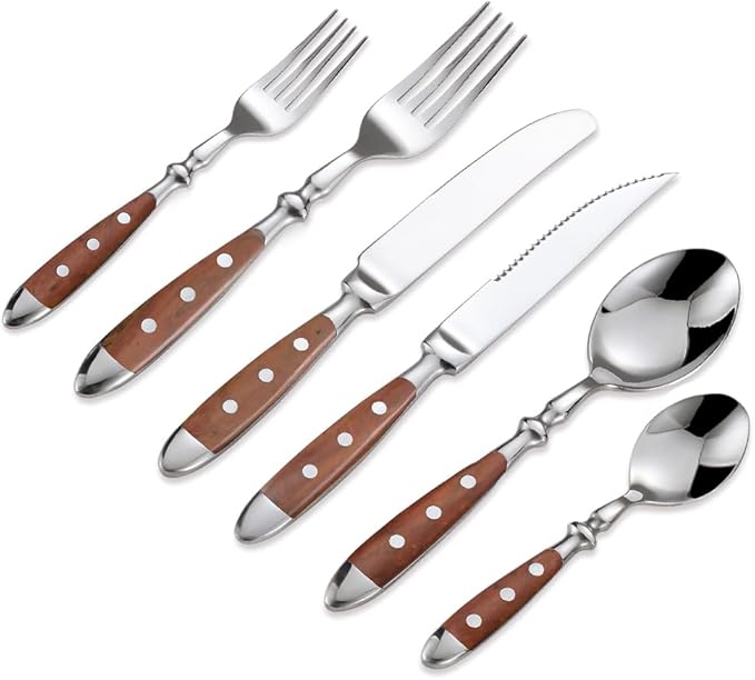 24-Piece 18/0 Stainless Steel Silverware set,Vintage Flatware set with Bakelite Handle,service for 4,Cutlery set (Brown)
