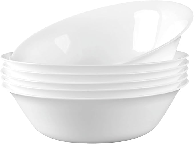 14 OZ (16 OZ MAX) White Opal Glass Cereal Bowl Set of 6, 6.5 inch Dishwasher & Microwave Safe Round Bowls for Soup, Salad and Rice