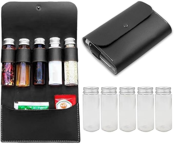BY-J Camping Spice Kit with 5 Jars, Foldable Leather Spice Holder Seasoning Storage Bag, Condiment Container Set for Outdoor Picnic BBQ, Waterproof Travel Seasoning Container, Black