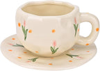 Koythin Ceramic Coffee Mug with Saucer Set, Cute Pink Tulip Flower Cup Unique Irregular Design for Office and Home, 10 oz/300 ml for Latte Tea Milk