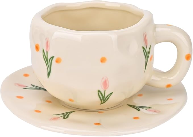 Koythin Ceramic Coffee Mug with Saucer Set, Cute Pink Tulip Flower Cup Unique Irregular Design for Office and Home, 10 oz/300 ml for Latte Tea Milk