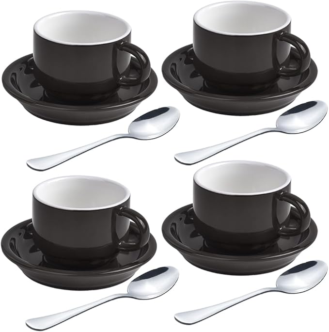 homEdge Premium Espresso Shot Cups and Saucers Set with Espresso Stainless Steel Spoons - 2.5 oz, Set of 4, Black